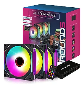 KIT 6 FANS ROUND5 AURORA PRETO COM CONTROLADORA ARGB
