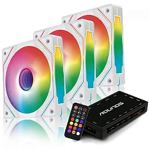 KIT 7 FANS ROUND5 AURORA BRANCO COM CONTROLADORA ARGB
