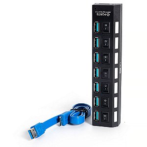 Hub USB compacto com 7 portas 3.0 e botão liga e desliga