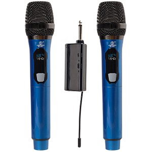 Microfone De Mão Sem Fio Duplo Recarregável Azul