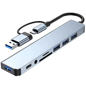 HUB USB-C 8 em 1 com Leitor de Cartão SD/TF e Áudio 3.5mm