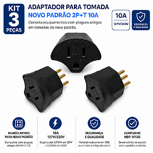 Kit com 3 Adaptadores de Tomada SMS 10A 2P+T Padrão Novo