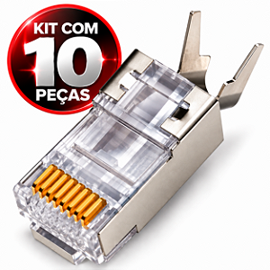 Kit 10 Conectores RJ45 CAT 7 Blindado com Guia e Prensa Cabo