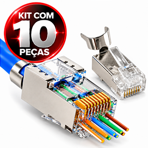 Kit 10 Conectores Rede RJ45 CAT7 Blindado Vazado Prensa Cabo