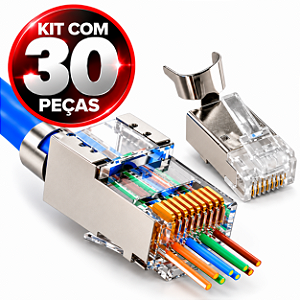 Kit 30 Conectores Rede RJ45 CAT7 Blindado Vazado Prensa Cabo