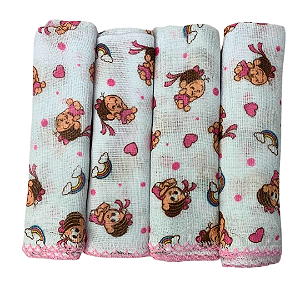 Fraldinha de boca Monica Rosa 33x33cm com Crochê
