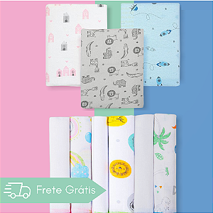 Kit 9 Peças Enxoval Bebe - 3 Cueiro flanelado 80x60cm + 6 Paninho de boca 30x30 cm.