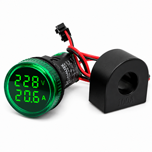 VA20-2G | Voltímetro/amperímetro Digital 22mm - Verde - 50 a 265vca/0-100a | Metaltex