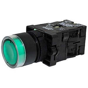 P20IGR-G7-1C | Botão Pulsador Iluminado 22mm Plástico - Verde 24v - 1na+1nf | Metaltex