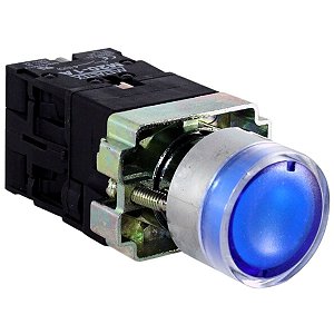 M20IGR-BL7-1C | Botão Pulsador Iluminado 22mm Metálico - Azul 24v - 1na+1nf | Metaltex