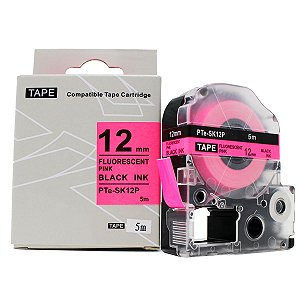 Fita adesiva compativel com LK-SK12P, preto sobre pink fluorescente, largura 12mm, comprimento 5m (modelo PTe-SK12P)