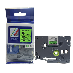 Fita Laminada Compatível com TZ-D21 / TZE-D21, 9mm largura, preto sobre verde fluorescente (modelo TZ2-D21)