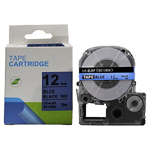 Fita adesiva compativel com LK-4LBP, preto sobre azul, largura 12mm, comprimento 9m (modelo SC12BW)