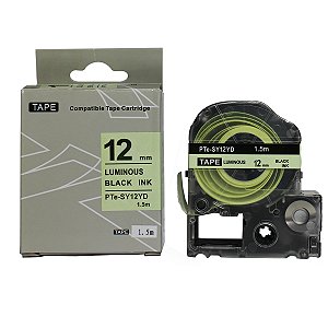 Fita adesiva compativel com LK-4ZBU, preto sobre verde fosforescente, largura 12mm, comprimento 5m (modelo PTe-SY12YD)