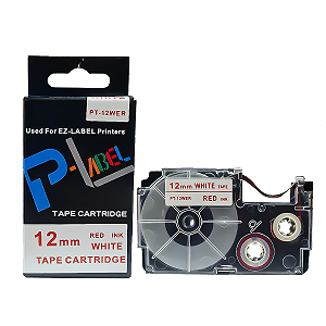 Fita Compatível com XR-12WER1, 12mm largura, vermelho sobre branco (modelo PT-12WER)