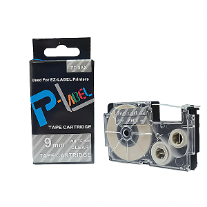 Fita Compatível com XR-9AX1, 9mm largura, branco sobre transparente (modelo PT-9AX)