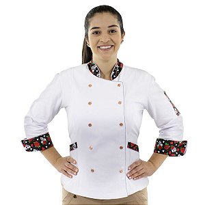 Dólmã Feminino Chef de Cozinha Caveiras e Rosas