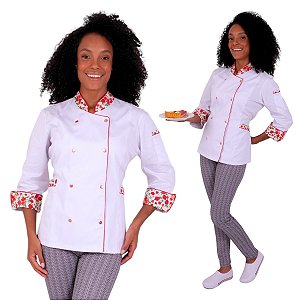 Dólmã Chef de Cozinha Feminino Vermelho Floral - Dr Chef