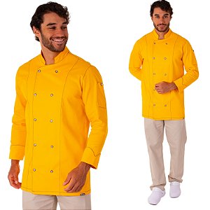 Dólmã Chef De Cozinha Unissex Amarelo Mostarda 100% Algodão Com Pesponto - Dr Chef