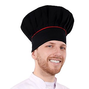 Chapéu Chef de Cozinha Preto Detalhes Vermelho - Dr Chef