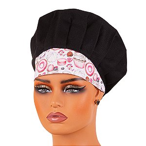 Chapéu Chef Cozinha Tipo Gorro Preto Doces Rosa - Dr Chef