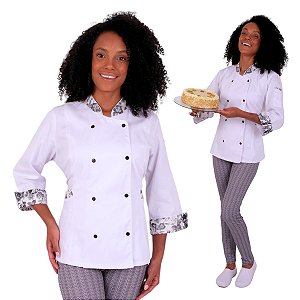 Dólmã Feminino Chef de Cozinha Branco Preto Floral - Dr Chef