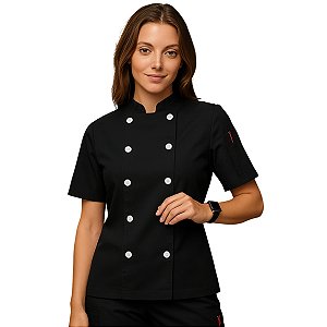 Dólmã Chef Cozinha Feminino Manga Curta Preto - Dr Chef