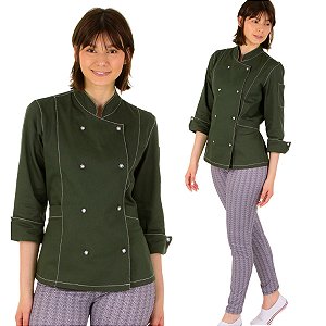 Dólmã Chef Cozinha Feminino 100% Algodão Verde Musgo - Dr Chef