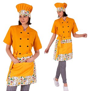 Kit Chef Cozinha Feminino Dólmã + Chapéu + Avental Amarelo Mostarda Estampa Massas Italianas - Dr Chef