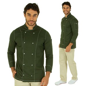 Dólmã Chef Cozinha Unissex Verde Musgo 100% Algodão Com Pesponto - Dr Chef