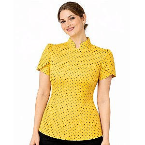 Dólmã Feminina Chef Cozinha Manga Curta Tulipa Estampa Poá Amarelo - Dr Chef