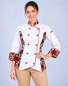 Dolmã Feminina Chef 100% Algodão Rosas Vermelhas Dr Chef