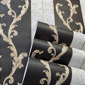Papel de Parede Vinílico Arabesco Luxo Importado Lavavél Preto com prata e detalhes em dourado  - Rolo de 10 metros SPX46