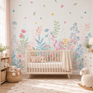 Papel de Parede Personalizado Infantil Aquarela Floral Colorido Jardim