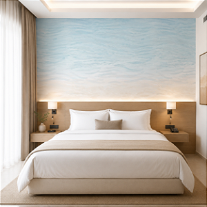 Papel de Parede Personalizado Praia Abstrata em Aquarela – Fundo Azul e Bege Suave