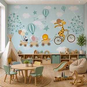 Papel de Parede Infantil Personalizado Safari Trenzinho de Bike Azul Non Woven