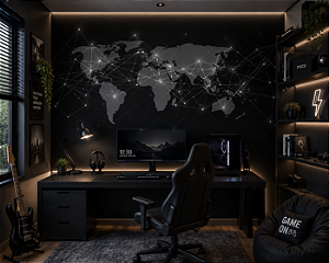 Papel de Parede Personalizado Juvenil Conexão Mundo Preto Mapa Mundi