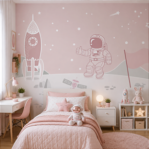 Papel de Parede Personalizado Infantil Espaço Astronauta Rosa