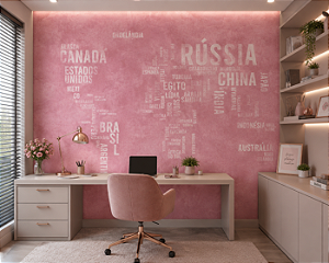 Papel de Parede Personalizado Infantil Mapa Mundi Cimento Queimado Rosa