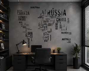 Papel de Parede Personalizado Infantil Mapa Mundi Cimento Queimado Cinza