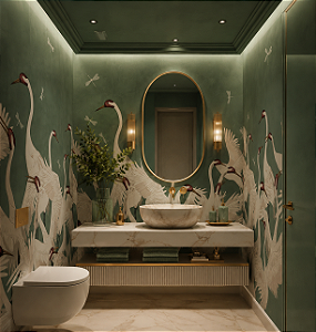 Papel de Parede Personalizado Cisne Verde Sob Medida – Elegância para Lavabo, Sala e Hall de Entrada