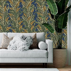 Papel de Parede Personalizado Folhagem Textura Linen Azul