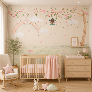Papel de Parede Personalizado Quarto Infantil Casa do Passarinho e Arco Íris
