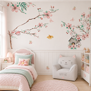 Papel de Parede Personalizado Infantil Casa de Passarinho Cerejeira