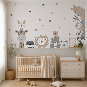 Papel de Parede Personalizado Quarto Infantil Bichinhos Curiosos Safari