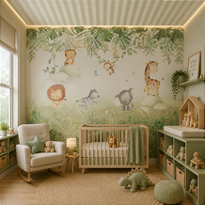Papel de Parede Infantil Personalizado Safari Aquarela Verde