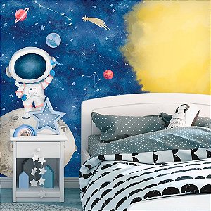 Papel de Parede Infantil Personalizado Desbravando o Espaço Aquarela
