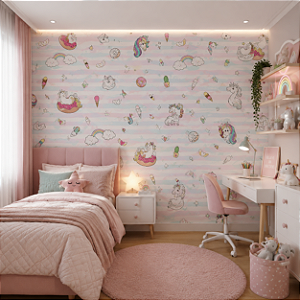 Papel de Parede Infantil Personalizado Non Woven Unicórnios Color