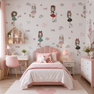 Papel de Parede Personalizado Quarto Infantil Personalizado Girls and Dogs