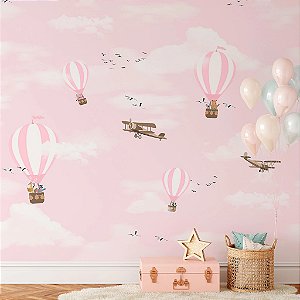 Papel de Parede Infantil Personalizado Sob Medida Non Woven Balão Rosa